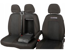 Op maat gemaakte Stoelhoezen Set - Geschikt voor Ford Transit Custom vanaf 2024 - 3-persoons (2+1) - Toegang tot Tafel - Hoogwaardige Bekledingsstof - Antraciet/Zwart
