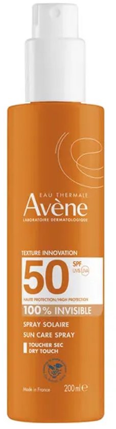 Avène Eau Thermale Texture Innovation zonnebrandspray, SPF 50+. Oranje fles met witte dop en dispenser. 200 ml.