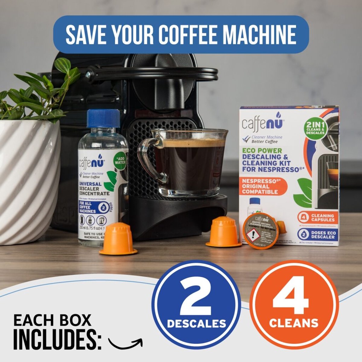 Caffenu Onderhoudsset Koffiemachine Reiniger & Ontkalker voor Nespresso Original - 2x Ontkalker + 4 Reinigingscups - Ontkalkingsset - Zorgt voor Warmere Koffie, Betere Smaak en Langere Levensduur Koffiezetapparaat thumbnail 5