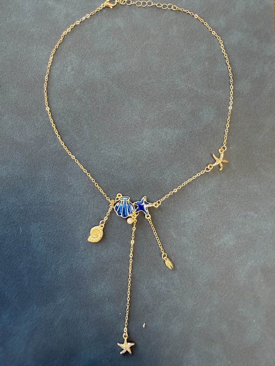 My Sweet Romance® - dames ketting - goudkleurig (14k vergoud) - blauw - schelpen, zeester en parel - ketting 42 cm (plus 5) met goudkleurige bedels 9,5 cm