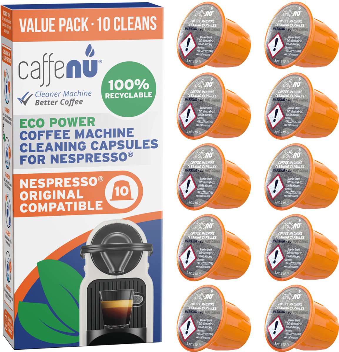 Caffenu Reinigingscups voor Nespresso Original - 10 Reinigingscapsules - Koffiemachine Reiniger - Verbetert Smaak & Levensduur Koffiezetapparaat