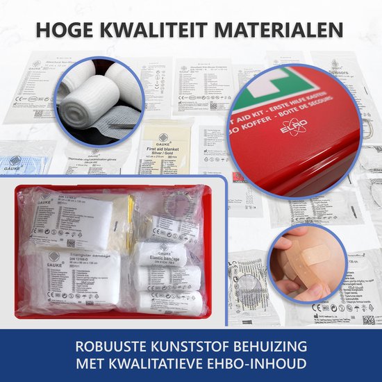 Overzicht van de inhoud van de EHBO-koffer met verband, pleisters, schaar en handschoenen.