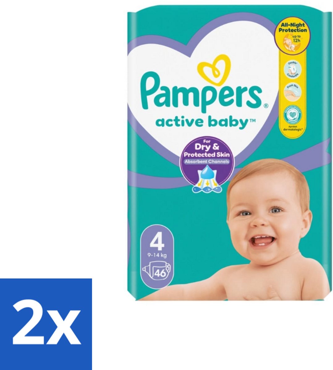 2 x Pampers – Luiers – Active Baby Maat 4 – 46 Luiers - Baby Luier - Baby Droog - Baby Luchtdoorlatend - Baby Comfort - Baby Nacht