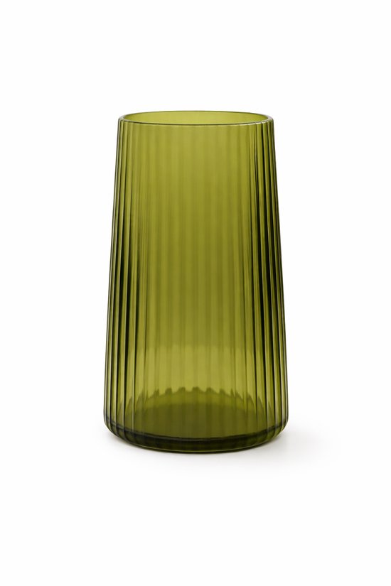 Moderne Ribbelglas Vaas – Groen Glas – Ø13 × H20 cm – Elegante Glazen Vaas voor Droogbloemen & Verse Bloemen – Tijdloos Design & Luxe Woondecoratie