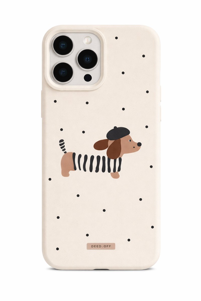 iPhone 17 Pro Max Hoesje – Crème met Teckelprint & Zwarte Stipjes