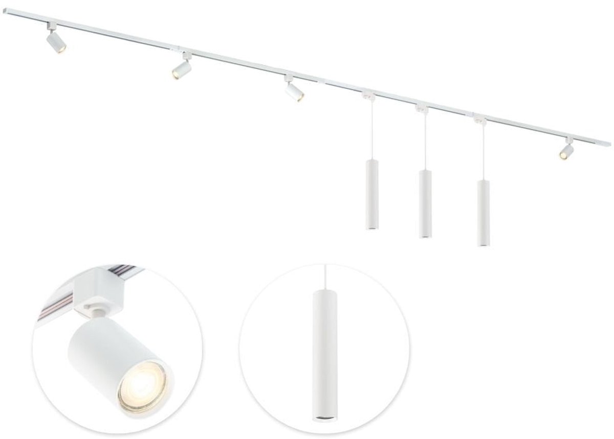 Qub Focus Railverlichting - Wit - 400 cm - I-Vorm - 4 Spots & 3 Hanglampen - Dimbaar - Complete Set