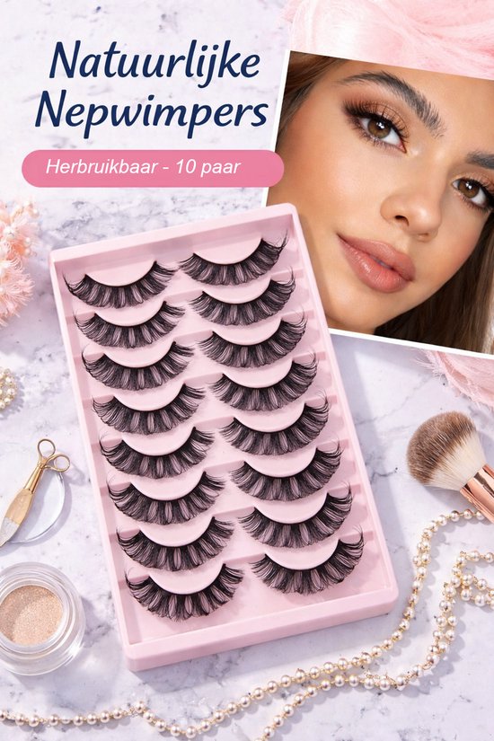 Een doos met 10 paar naturel ogende, volle nepwimpers, naast cosmetica.