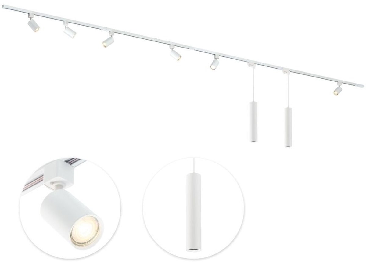 Qub Focus Railverlichting - Wit - 400 cm - I-Vorm - 6 Spots & 2 Hanglampen - Dimbaar - Complete Set