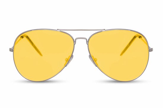 2128 Geel Lens Piloten Zonnebril | Aviator Zonnebril | Retro & Classic Bril | Festival , Rave Bril | Carnavalsbril | Dag/Nacht Zonnebril Dames & Heren | Bril zonder sterkte | Zilver koper montuur | Trendy Party & Outdoor Bril + brillen sleeve & doek — afbeelding 4