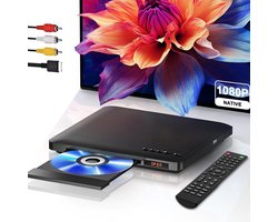Ultradunne DVD-Speler voor TV – Regiovrij, HDMI & RCA Aansluiting, Full HD 1080P Upscaling, USB-Ingang, incl. Afstandsbediening & Kabels
