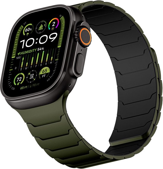 Groen magnetisch siliconen bandje om een Apple Watch met een display vol informatie.
