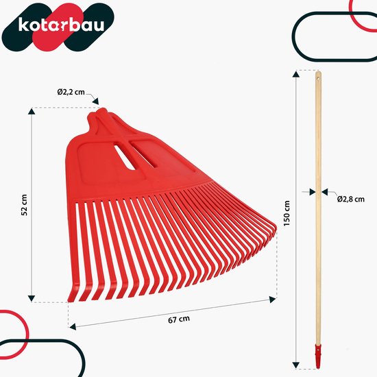 KOTARBAU® Bladhark, Tuinhark van Kunststof, 68 cm, met Houten Steel, 150 cm, Extra-Click, Gazonhark, Waaierbezem, Stevige Hark, Hark voor Gras Tuin Gazon, Rood & Gelakt Hout van KOTARBAU — afbeelding 5