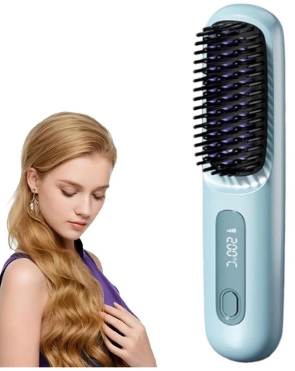 OIMG Draadloze Stijlborstel - Stijltang - Stijl Haar - Touch Up - Keramisch - 3 Temperatuurinstellingen - Warmteborstel - 20x4.5cm - Tpye-c Oplaadbaar - Draadloze stijltang - Constante temperatuurverwarming - voor Glad, Golvend en Krullend Haar-blauw