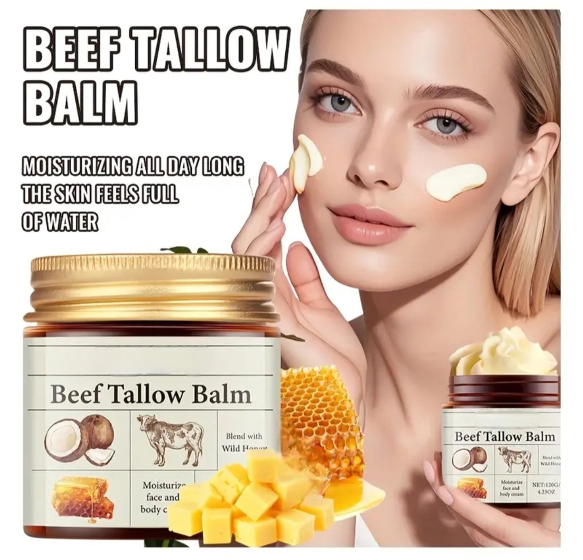 Beef Tallow Balm met Collageen – Voedende Gezichts- & Bodybalsem 120gr Groot verpakking
