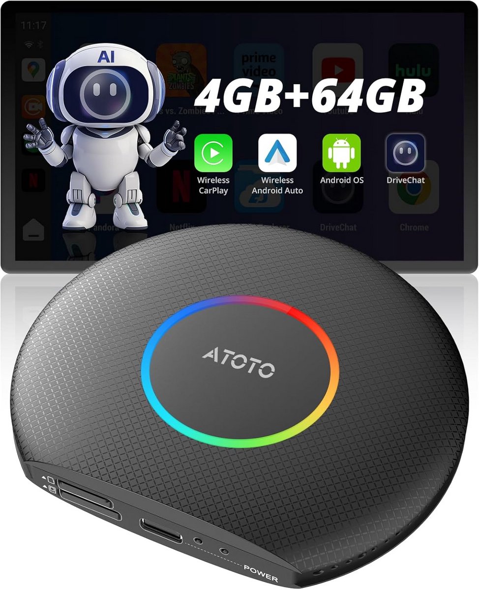 Draadloze CarPlay & Android Auto AI Box met Android 13, 4G LTE, GPS en 5G WiFi (4GB+64GB)