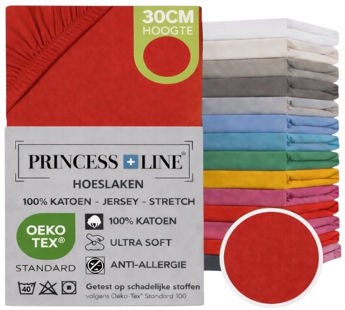 Princess Line- Comfortabel Ultra-Soft-Hoeslaken -100% katoen-Jersey -Stretch -Strijkvrij- Rondom elastiek-Hoekhoogte tot 30cm-2Persoons-160x200 cm-Rood