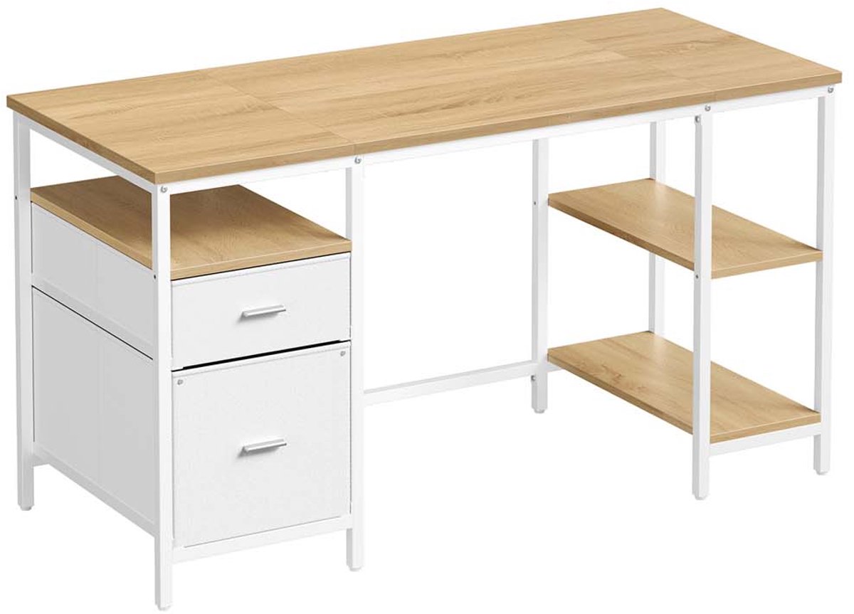 Computerbureau – Hout – Natuurlijk eiken en parelwit – Inclusief planken en lades