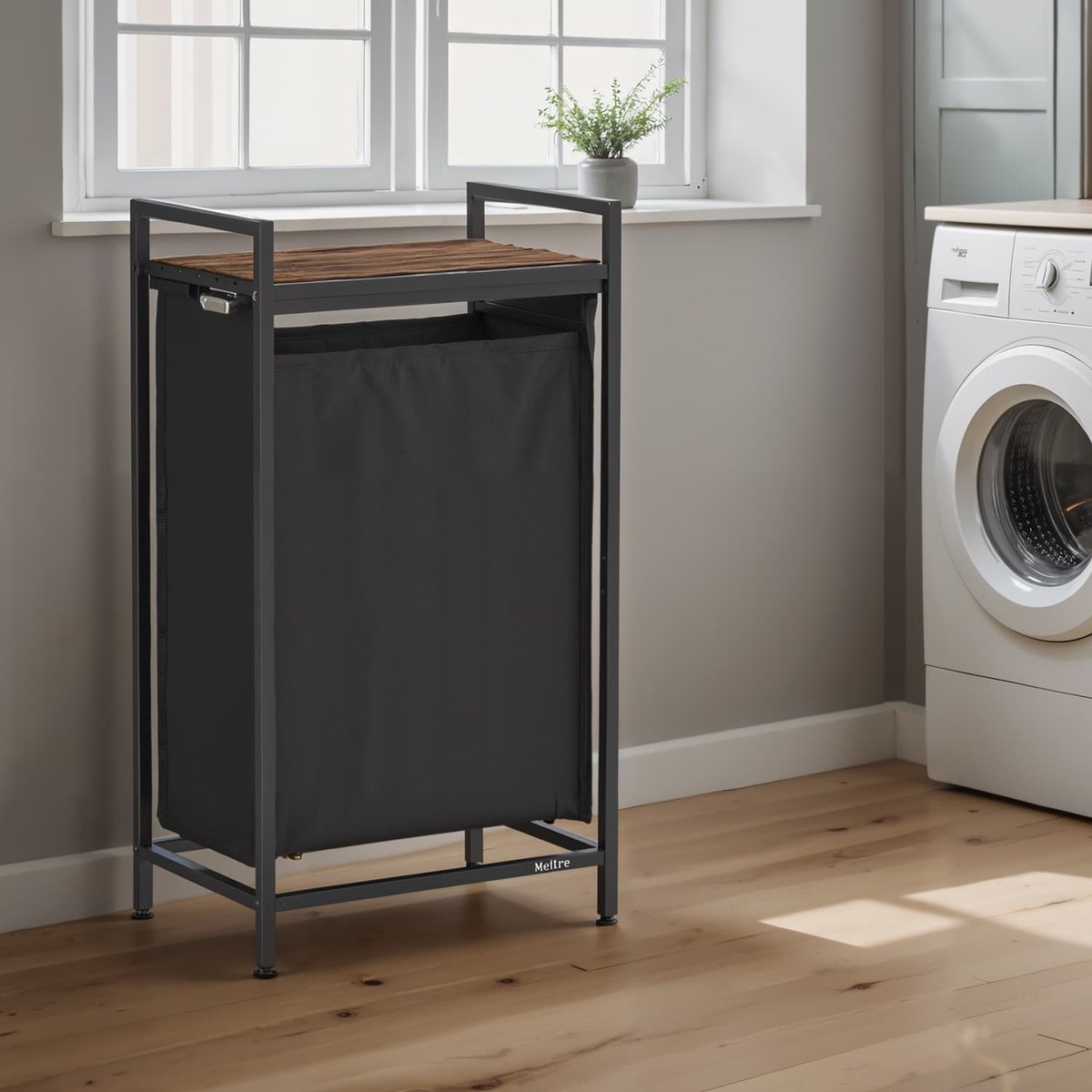 Wasmand – Metaal – Rustiek bruin en zwart – Uittrekbare binnenbak met plank, 65 liter