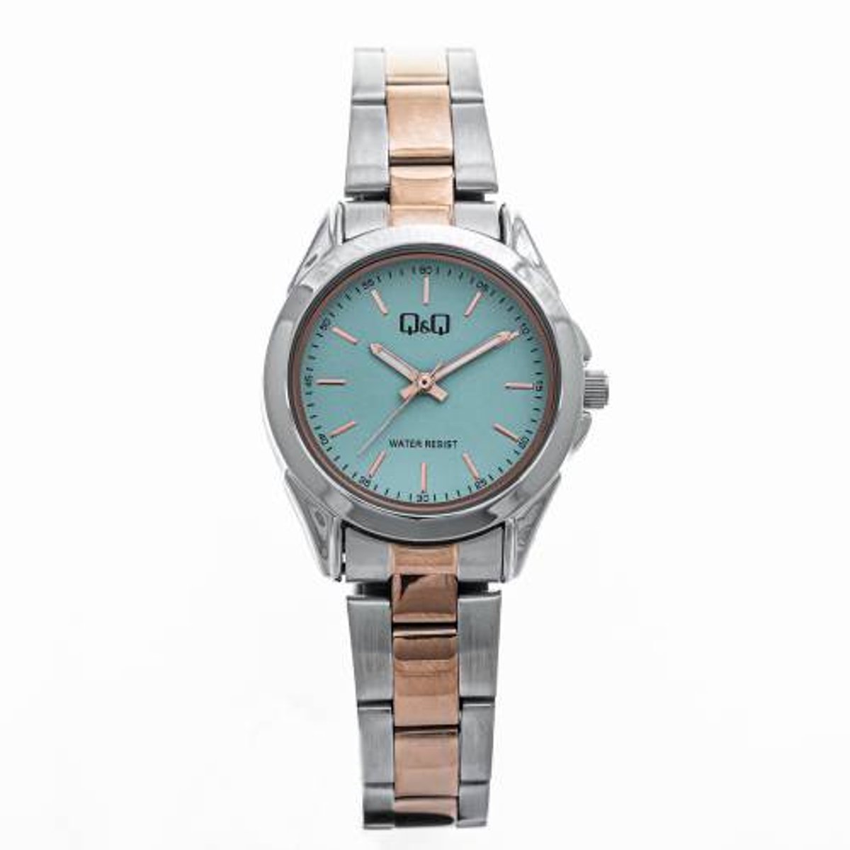 QQ-dameshorloge-model c05a-522py-bicolor-rosekleurig-zilverkleurig-groene wijzerplaat-3 atm waterdicht-diameter 30 mm