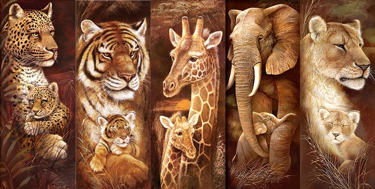 Diamond painting 5 luik - Giraffe, leeuw, luipaard, olifant en tijger - 5x 30x70cm - vierkante steentjes - volledig beplakt - Diamond painting by Wietske