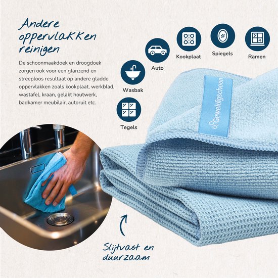 Chiffons microfibre bleus avec le texte 'Geweldigschoon'. Montre lavage, voiture, plaque de cuisson, miroirs et fenêtres.