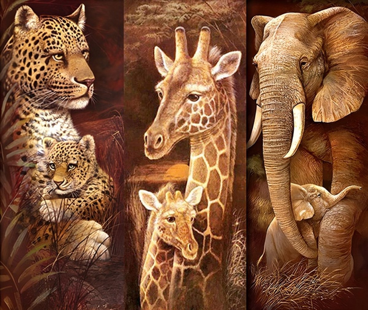 Diamond painting 3 luik - Giraffe, luipaard en olifant - 3x 30x70cm - vierkante steentjes - volledig beplakt - Diamond painting by Wietske