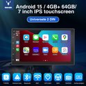 7 inch IPS touchscreen autoradio met Android 15, 4GB+64GB opslag. Iconen voor Waze, Messages, Phone, Google Maps, Music, Zoom, Audible en Calendar.