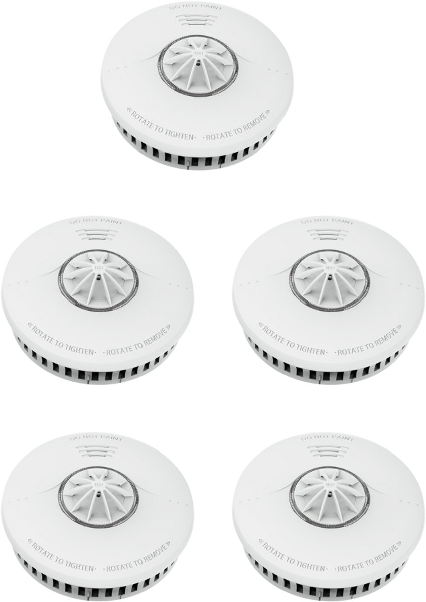 5x Koppelbare hittemelder 10 jaar batterij – DVM – Draadloos gekoppeld – Klasse A1 – Onderhoudsvrij – 85 dB alarm – Voordeelset – Voor keuken, garage en werkplaats – Geschikt voor hele woning