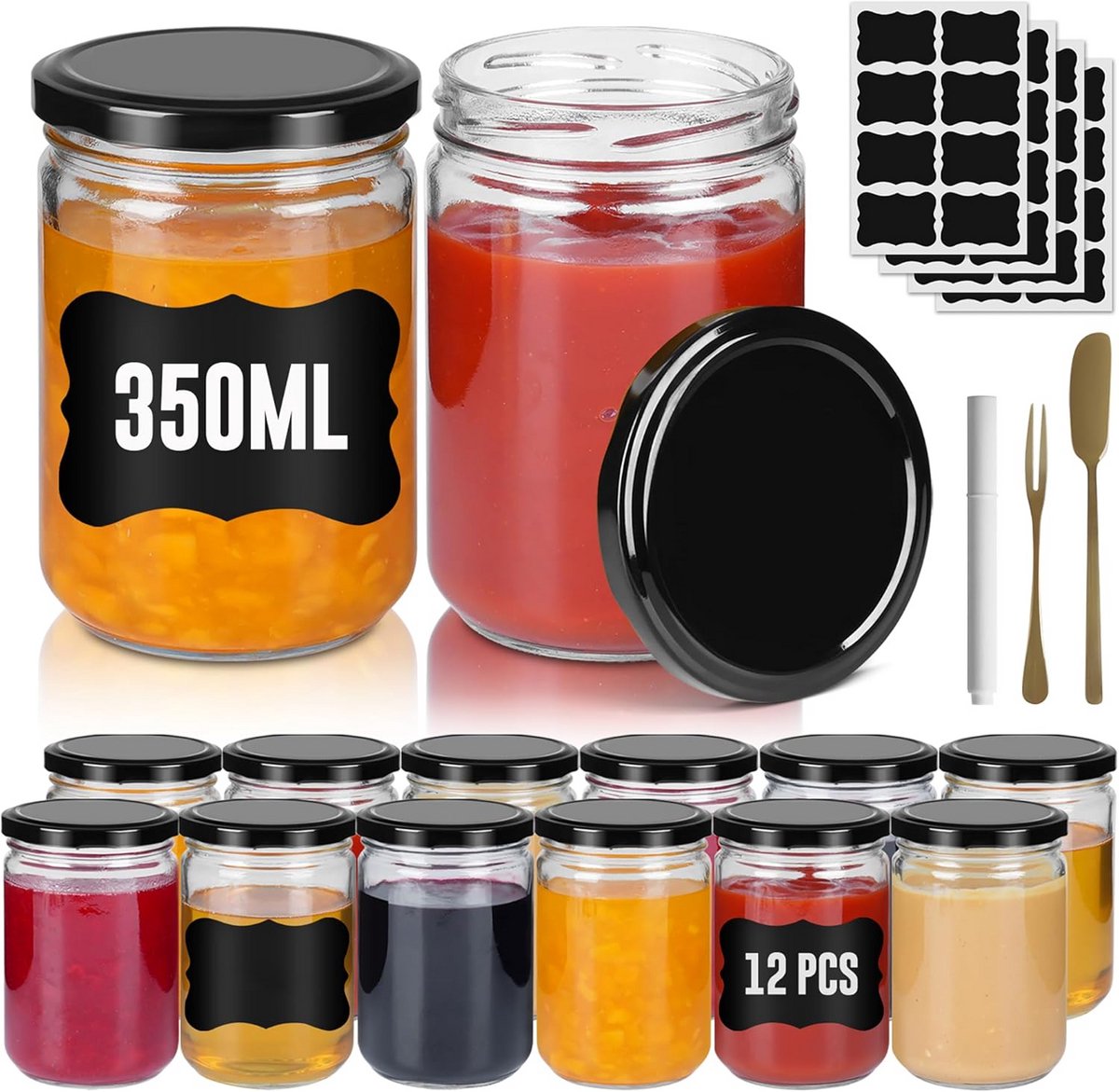 12x Weckpotten van 350 ml met Zwarte Deksel, Inclusief Etiketten en Pen