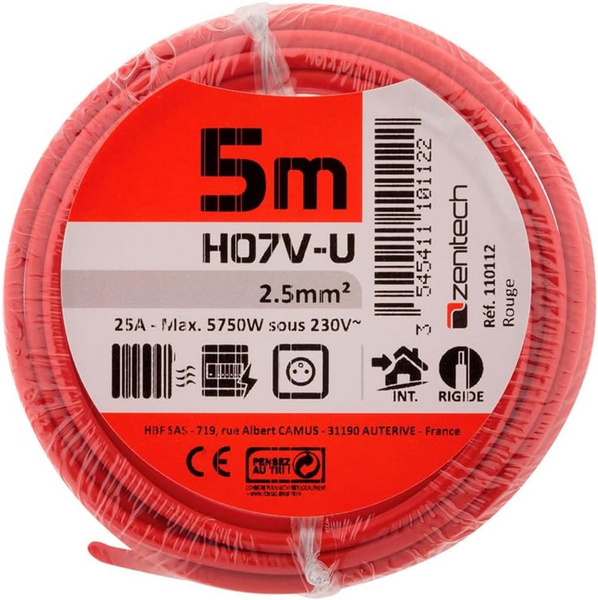 Blauwe Stroomkabel H07V-U 1.5mm single kern geleider tot 700V voor binneninstallaties 5 meter