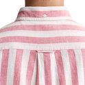 Achterkant van een roze en wit gestreept katoen-linnen overhemd met button-down kraag en tailleband.