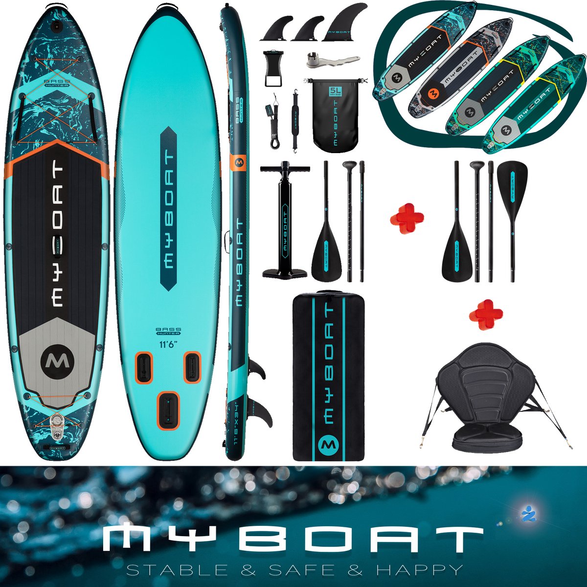 Luxe zeer complete set | BassHunter Kajak Peddel Boord | 350cm lang MyBoat SUP Board Set met 5cm hoog stevig zitje en tweede extra 4 delige peddel voor kano ervaring | 2 personen | Samen Stand Up peddelen | 168 Kg belastbaar gewicht | kajakken