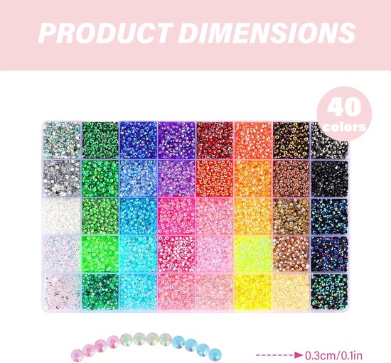 Kleine, ronde resin strass steentjes in 40 kleuren, verdeeld in vakjes, met productafmetingen 0.3cm.
