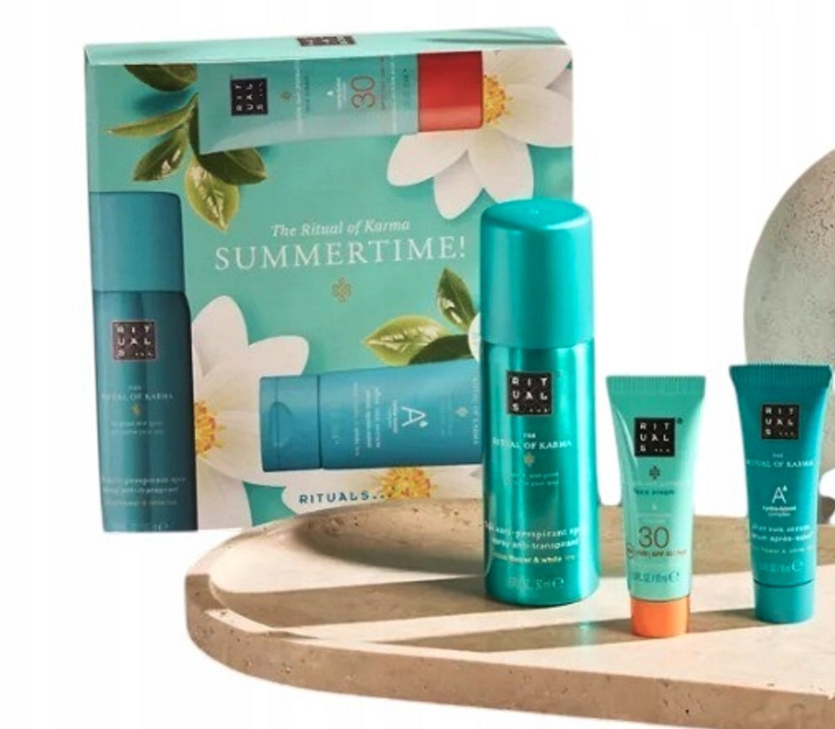 Rituals - Geschenkset voor Vrouwen - 3 Producten - Zonnebrandcreme (SPF 30) 10 ml + After Sun Serum 10 ml + Anti-Perspirant Spray 50 ml - Ritual of Karma - Giftset Vrouw - Cadeaudoos - Geschenkdoos - Zonnebrand Gezicht