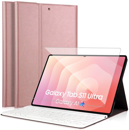 Roze tablethoes met magnetisch toetsenbord, tablet met screenprotector staat rechtop.