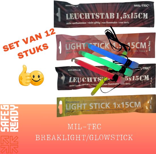 12 x Mil-Tec Professionele Breaklights - Glow sticks - Branden 8 tot 12 uur !!! - Outdoor - Survival - Noodpakket - 4 Kleuren