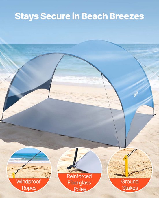 VEVOR strandtent/zonnescherm voor 4 personen, UPF 50+ bescherming, draagbare strandtent met draagtas en haringen, lichtgewicht compacte strandparasol voor kamperen, vissen, picknicken, zonnebaden van Vevor — afbeelding 3