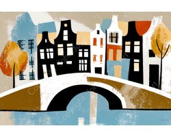 JJ-Art (Glas) 90x60 | Amsterdam met brug, huizen en bomen, abstract, kunst | stad, Nederland, blauw, geel, rood, bruin, modern | Foto-schilderij-glasschilderij-acrylglas-acrylaat-wanddecoratie