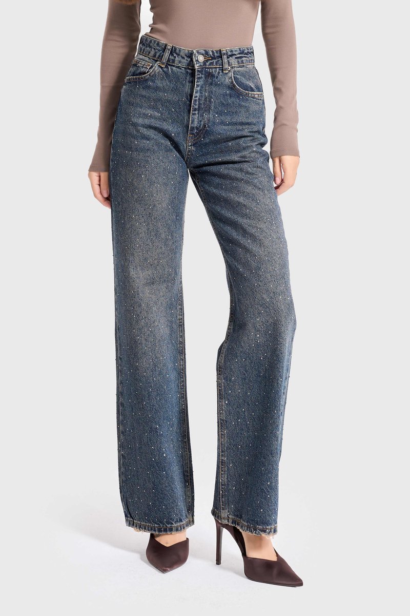 It's Basic - RHINESTONE STRAIGHT HIGH RISE JEANS
