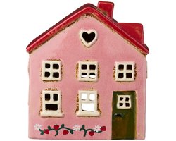 Ib Laursen - Keramieken Huisje Ebeltoft - Roze met aardbeienplant - Waxinelichthouder