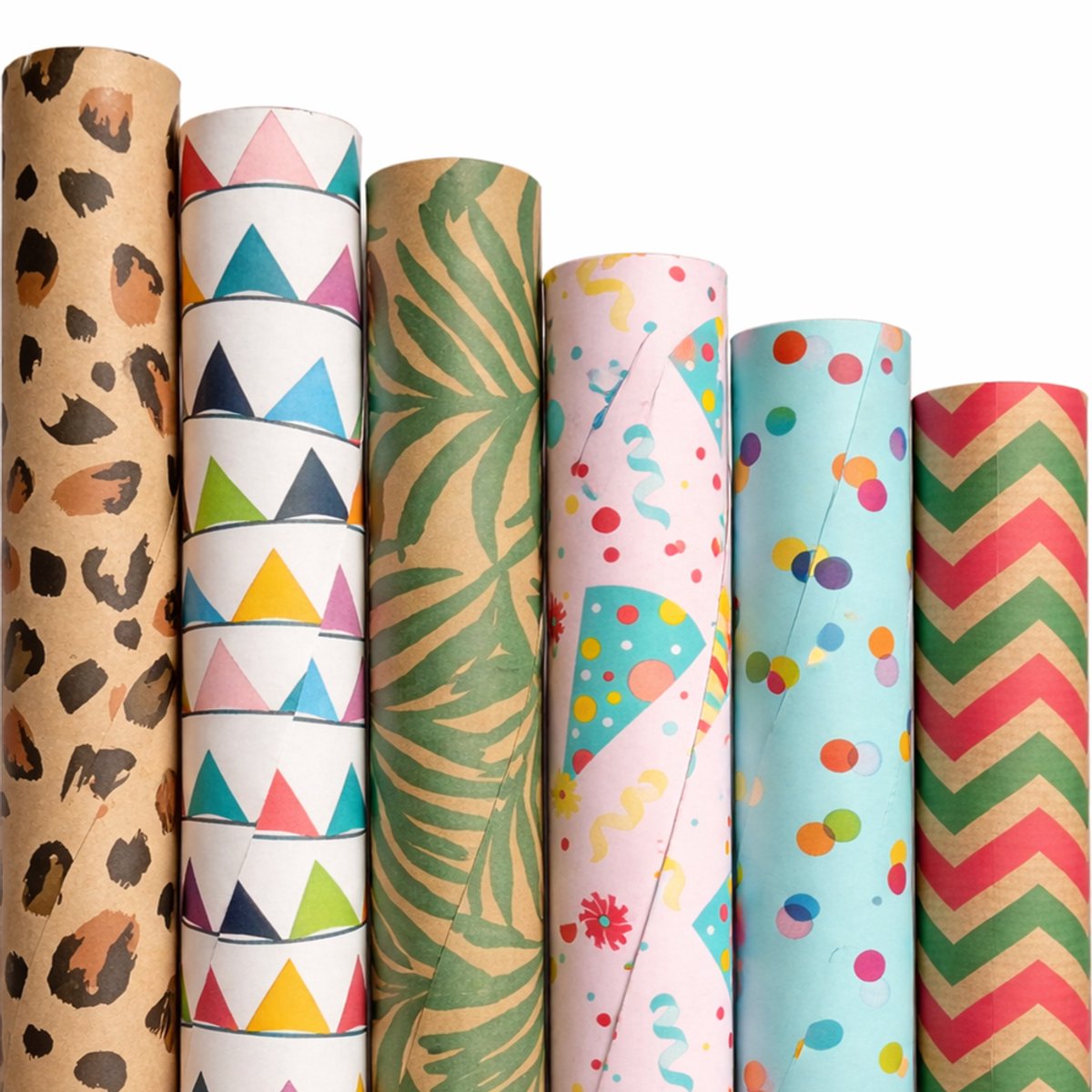 Inpakpapier - Happy & Kraft Mix - 6 Rollen - 200x70cm - FSC & Plasticvrij - Cadeaupapier