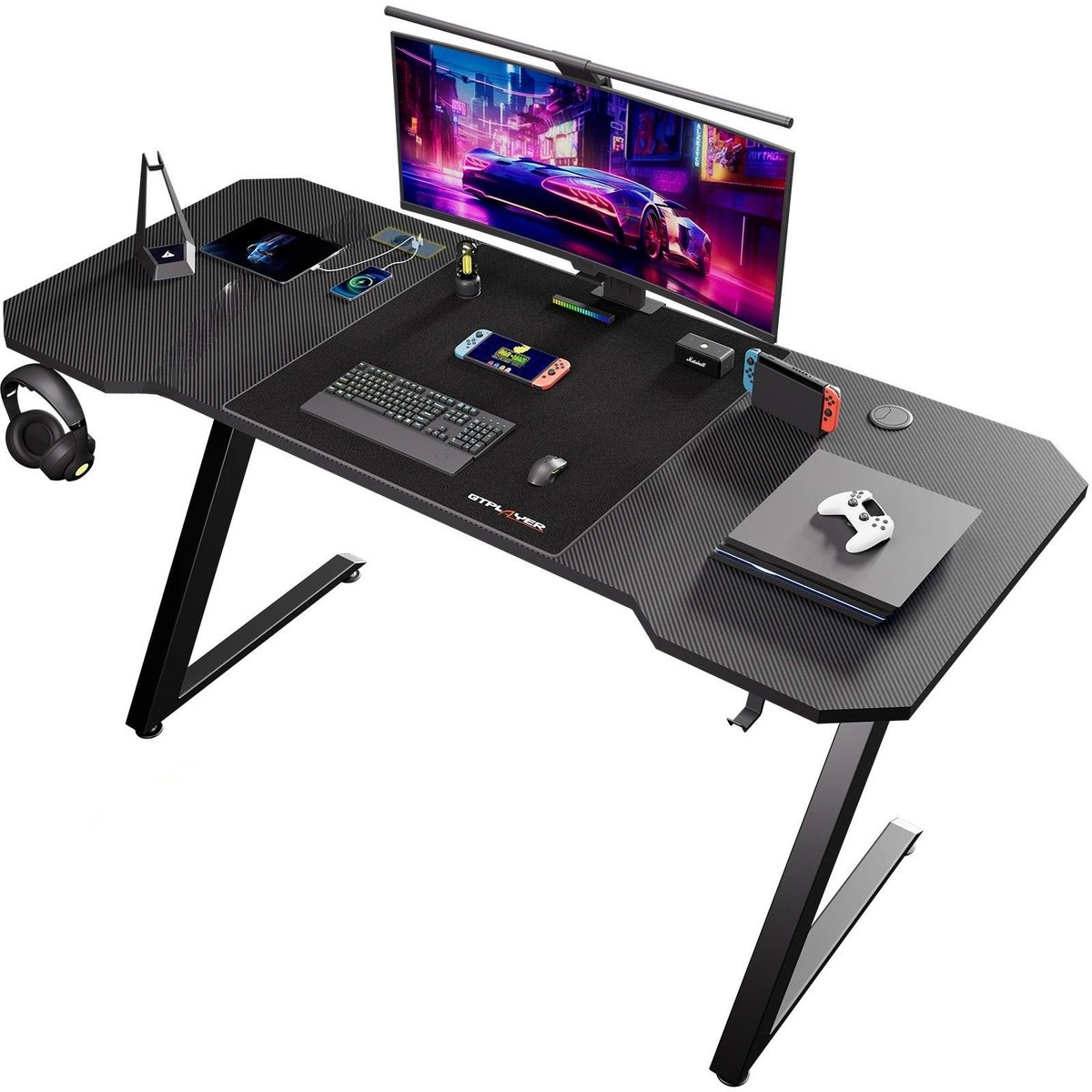 DoneMore® - gaming bureau - pc tafel met oplaadpunt & USB-C - koolstofvezel oppervlak - zwart - 120 x 60 x 75 cm