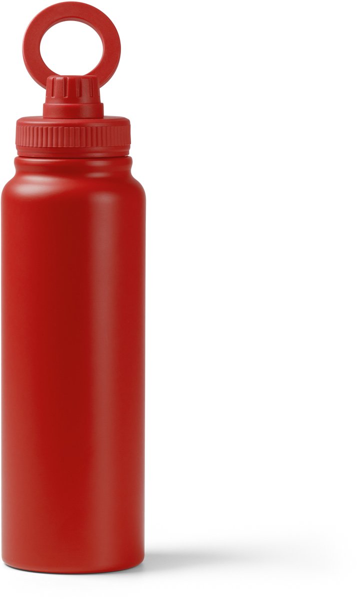 Rode Dubbelwandige thermosfles van gerecycled 304 roestvrijstaal met ring voor mobiel. 1 liter