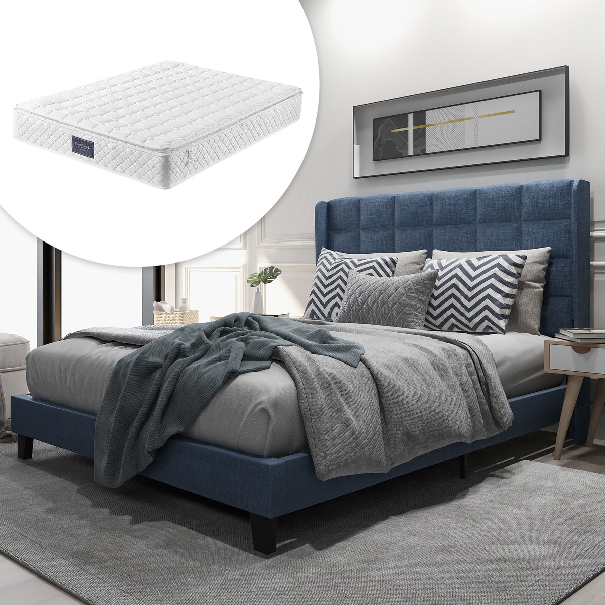 Wishdor Gestoffeerd Tweepersoonsbed Met Lattenbodem En Pocketveringmatras - Linnen - Blauw - 140x200 Cm