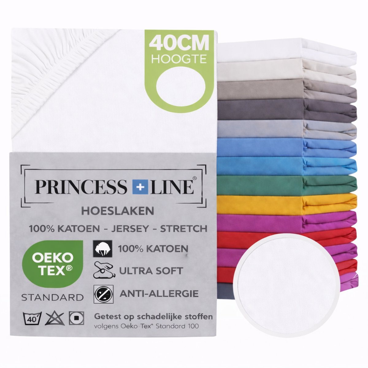 Princess Line- Comfortabel Ultra-Soft-Hoeslaken -100% katoen-Jersey -Stretch -Strijkvrij- Rondom elastiek-Hoekhoogte tot 40cm-Voor Boxspring-Waterbed-2Persoons- Lits-Jumeaux-180x220x40cm-Wit