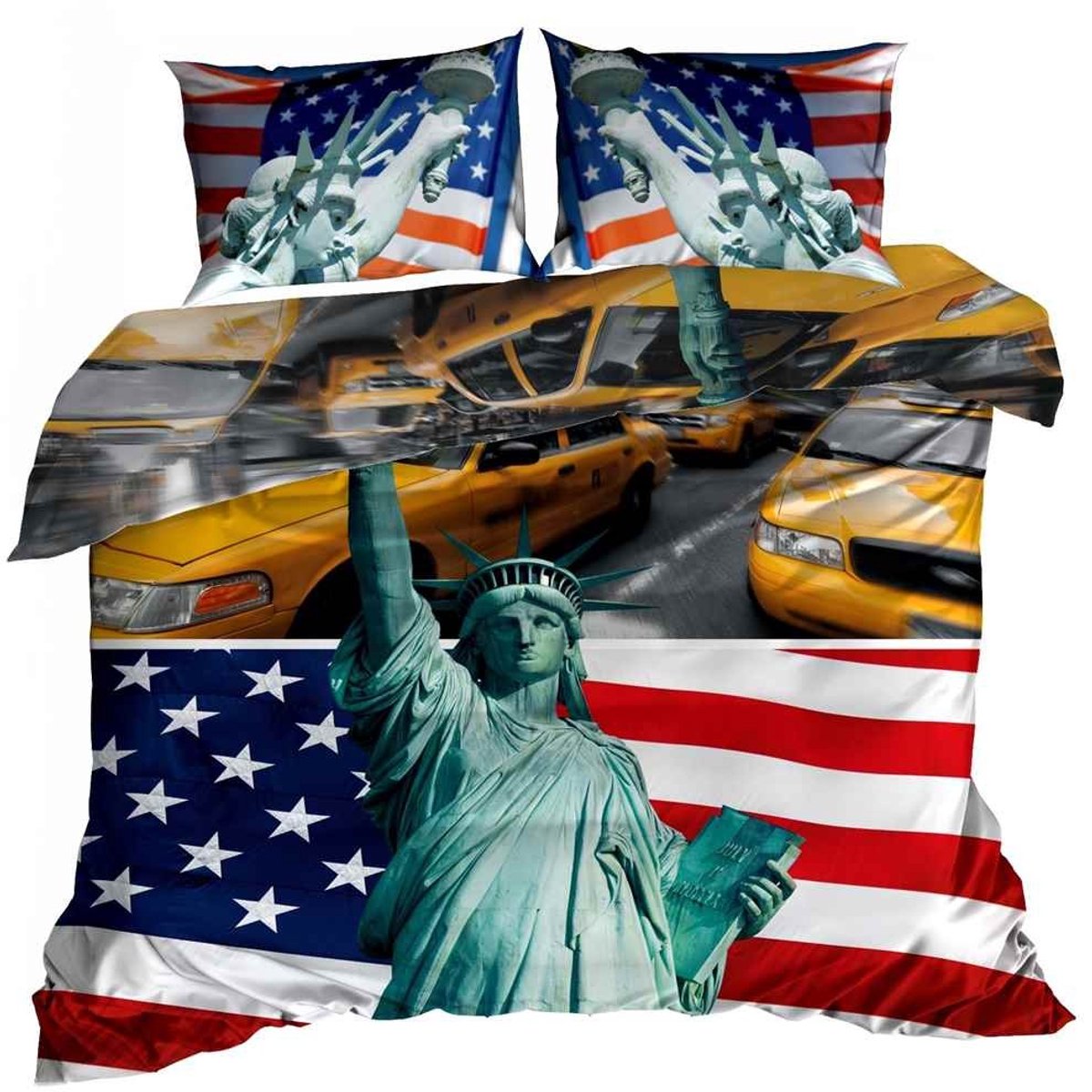 Luxe 3D Dekbedovertrekset - Katoen Satijn - 160x200 cm - Inclusief 2 Kussenslopen 70x80 cm - Design: USA New York - Amerikaanse Vlag & Taxi - Urban Style