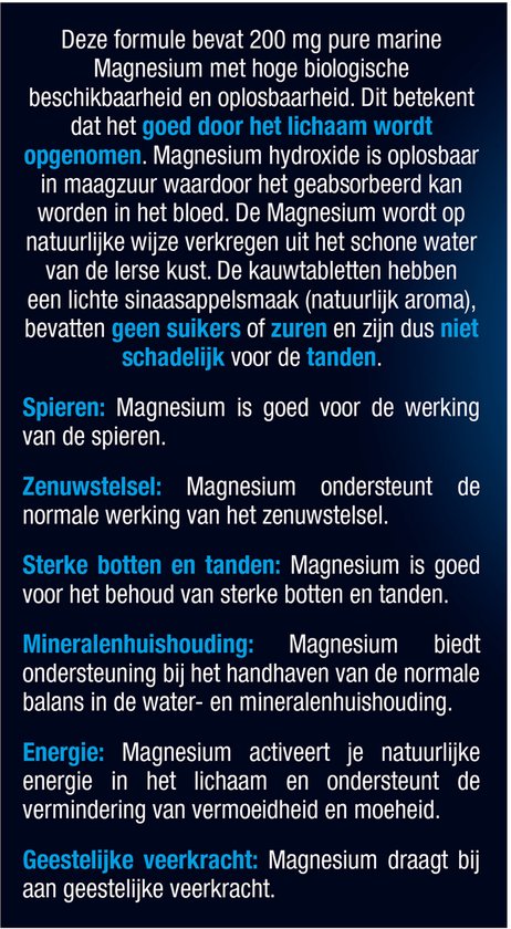 Informatie over de formule, ingrediënten en voordelen van Lucovitaal Pure Marine Magnesium Kauwtabletten.