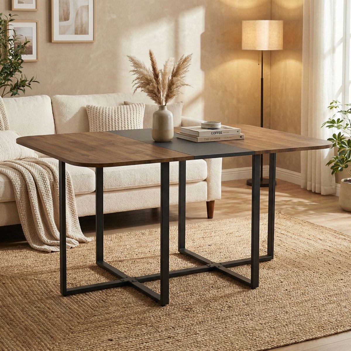 BLACKCOLORS Uitschuifbare eettafel met houtnerf en contrasterende zwarte stroken – Stabiel zwart metalen frame, ruimtebesparende keukentafel voor 4 tot 6 personen, moderne multifunctionele eettafel