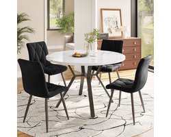 OKWISH Eettafel En Stoelenset 5 Delig - Ronde MDF Tafel Met Marmerlook - 4 Ergonomische Stoelen - Stalen Poten Zwart Wit - 75 Cm