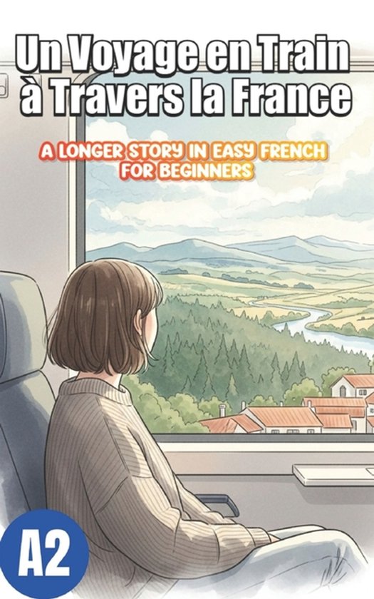 Couverture du livre : 'Un Voyage en Train à Travers la France'. Une jeune fille regarde par la fenêtre du train un paysage avec des arbres et des maisons. Niveau A2.
